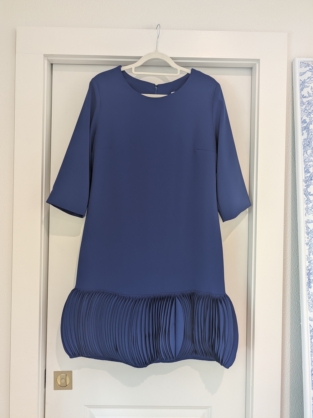 Catherine Regehr Like New Navy Blue Midi Dress with Flowy Statement Pleated Hem